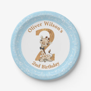 2nd Birthday Blue Boy Baby Giraffe Paper Plate