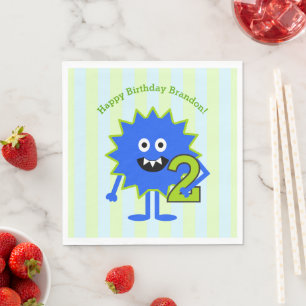 2nd Birthday Boy Monster Blue Green Stripes Cute Napkin