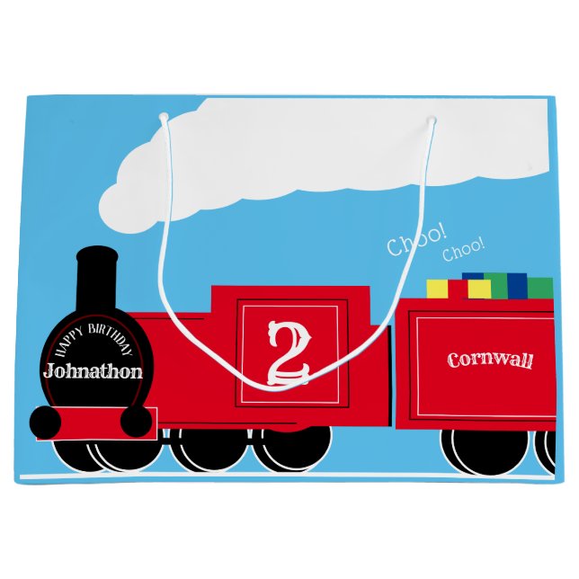 2nd birthday boy train personalised large gift bag (Front)