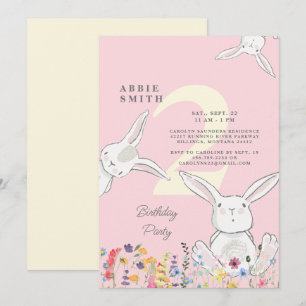 2nd Birthday Bunnies & Wildflowers Pink & Yellow  Invitation