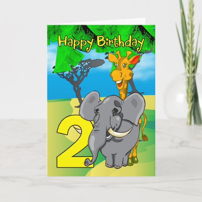 2nd Birthday Card - Elephant, Giraffe, Jungle (Front)