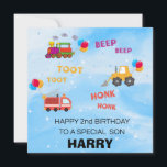2nd Birthday Card for Boy | Son Grandson, Brother<br><div class="desc">Personalised 2nd Birthday Card for Boy | Son, Grandson, Brother, Nephew, Kids, Children, Cousin | Digger, Train, Fire Engine, Cars, Second This bright and colourful 2nd birthday card for boy is sure to make any little one smile! Featuring a yellow digger, blue train and red fire engine, it makes the...</div>