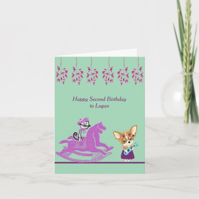 2nd Birthday Card with Cat Hobby Horse and Dog (Front)