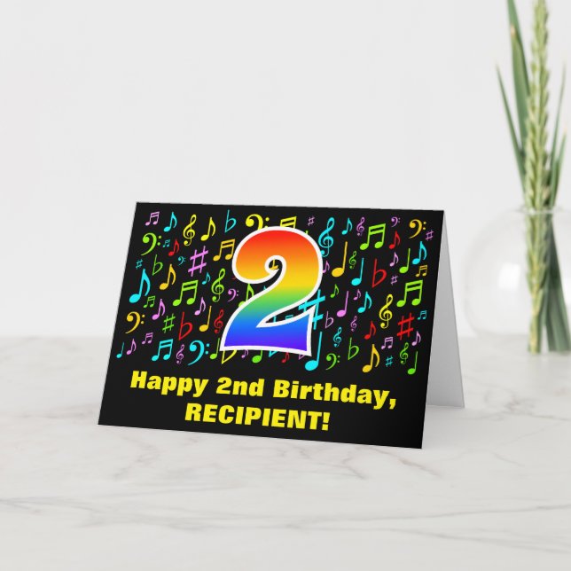 2nd Birthday - Colorful Music Symbols & Rainbow 2 Card (Front)