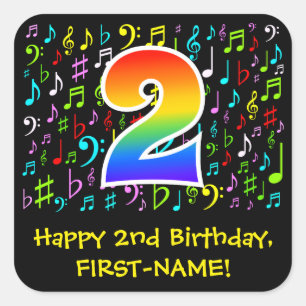 2nd Birthday: Colorful Music Symbols, Rainbow 2 Square Sticker