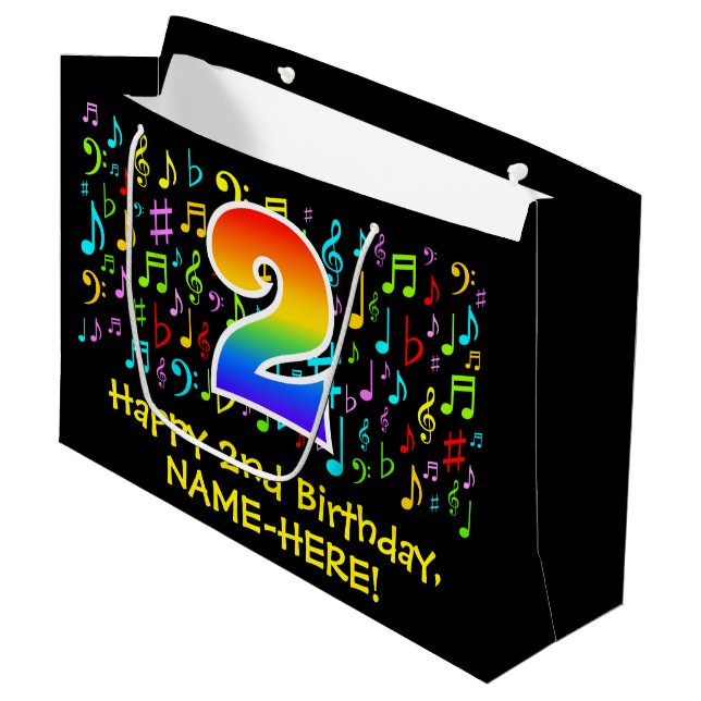 2nd Birthday - Colourful Music Symbols, Rainbow 2 Large Gift Bag (Front Angled)