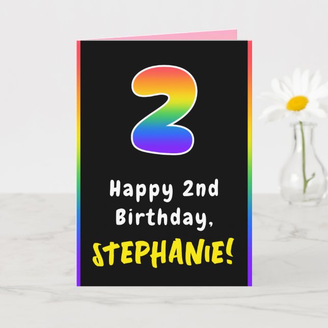 2nd Birthday: Colourful Rainbow # 2, Custom Name Card (Small Plant)