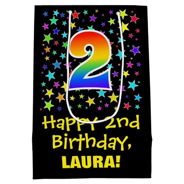 2nd Birthday: Colourful Stars Pattern & Rainbow 2 Medium Gift Bag (Back)