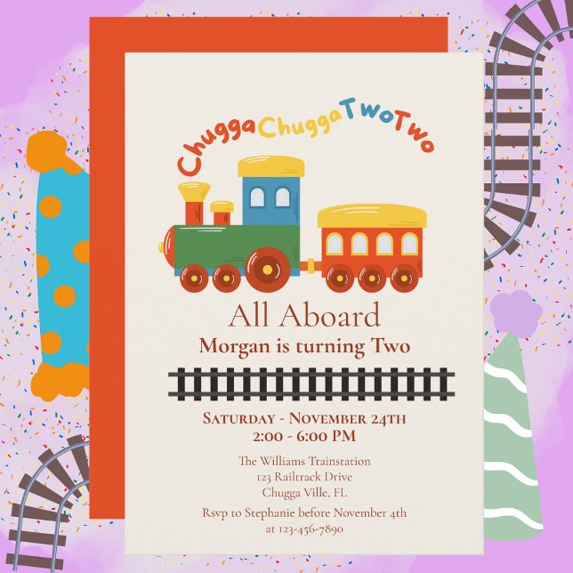 2nd Birthday Colourful Train Chugga Choo Two Invitation (Creator Uploaded)