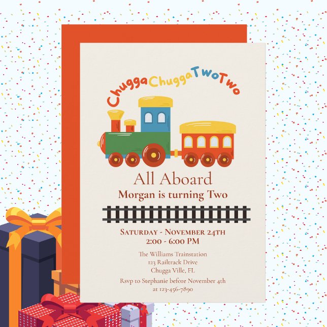 2nd Birthday Colourful Train Chugga Choo Two Invitation (Creator Uploaded)