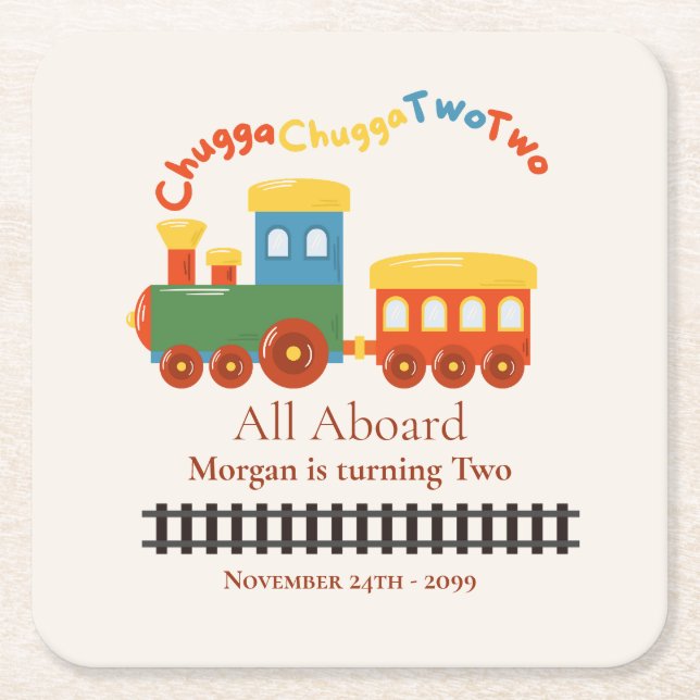 2nd Birthday Colourful Train Chugga Choo Two Square Paper Coaster (Front)