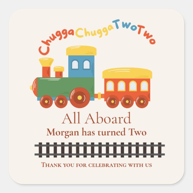 2nd Birthday Colourful Train Chugga Choo Two Square Sticker (Front)