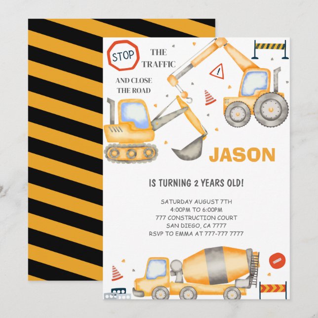2nd Birthday Construction Boy Invitation (Front/Back)