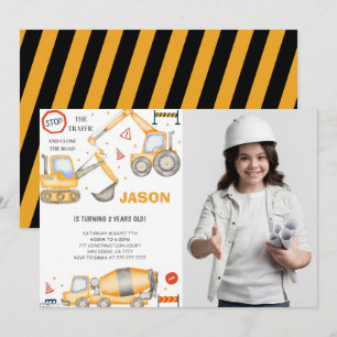 2nd Birthday Construction Boy Photo Invitation