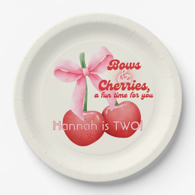 2nd Birthday Coquette Cherries Bows Bubble Letters Paper Plate (Front)
