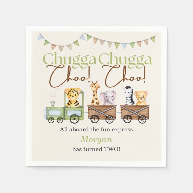2nd Birthday Cute Chugga Watercolor Animal Train   Napkin (Front)