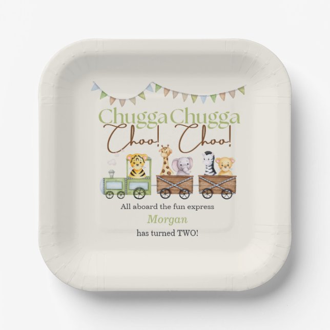 2nd Birthday Cute Chugga Watercolor Animal Train   Paper Plate (Front)