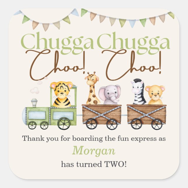2nd Birthday Cute Chugga Watercolor Animal Train   Square Sticker (Front)
