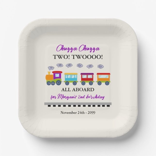 2nd Birthday Cute Colourful Train  Paper Plate (Front)