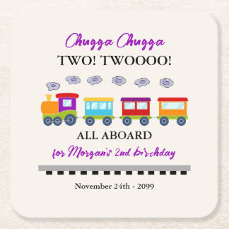 2nd Birthday Cute Colourful Train Square Paper Coaster
