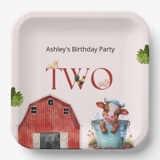 2nd Birthday Cute Cow Farm Barn Party  Paper Plate (Front)