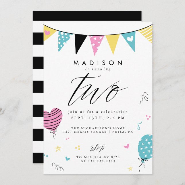 2ND BIRTHDAY | Cute Doodle Birthday Party Invitation (Front/Back)