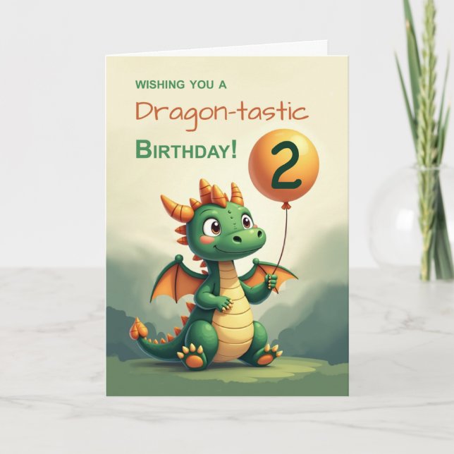 2nd Birthday Cute Dragon Holding Balloon Magical Card (Front)