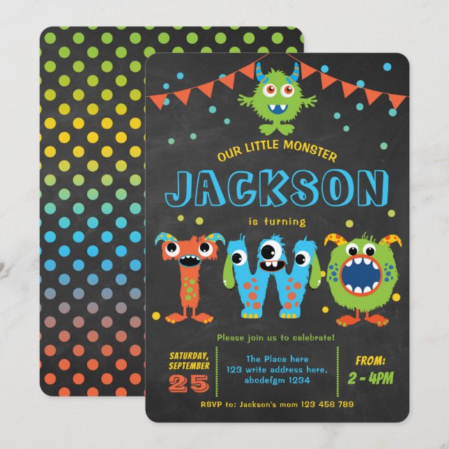 2nd Birthday cute little monster party chalkboard  Invitation (Front/Back)