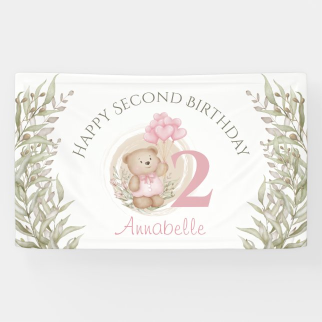 2nd Birthday Cute Teddy Bear Greenery Pink Banner (Horizontal)