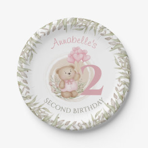 2nd Birthday Cute Teddy Bear Heart Balloons Pink Paper Plate