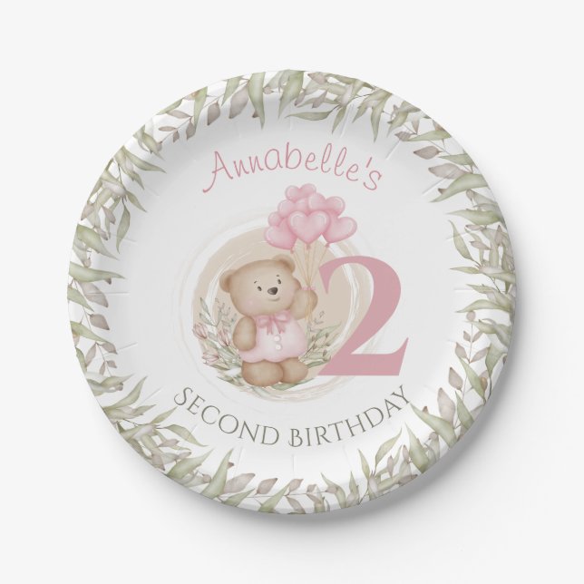 2nd Birthday Cute Teddy Bear Heart Balloons Pink  Paper Plate (Front)