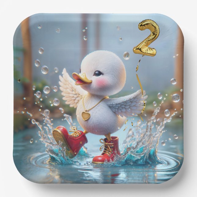2nd Birthday Duck Dancing In a Rain Puddle Paper Plate (Front)