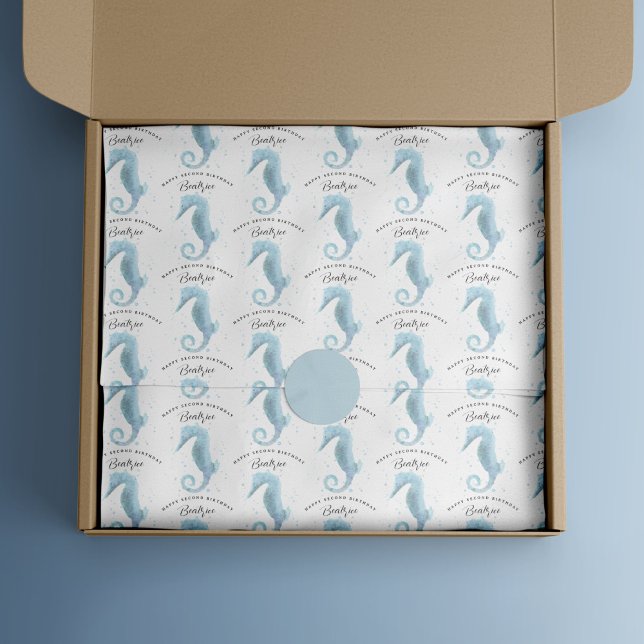 2nd Birthday Dusty Blue Seahorse Customised Tissue Paper (Dusty Blue Seahorse Birthday Tissue Wrap)