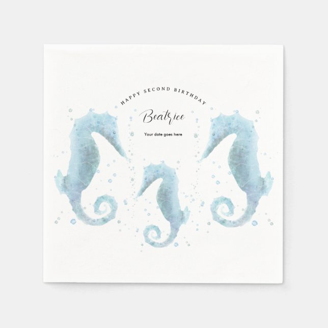 2nd Birthday Dusty Blue Seahorse  Napkin (Front)
