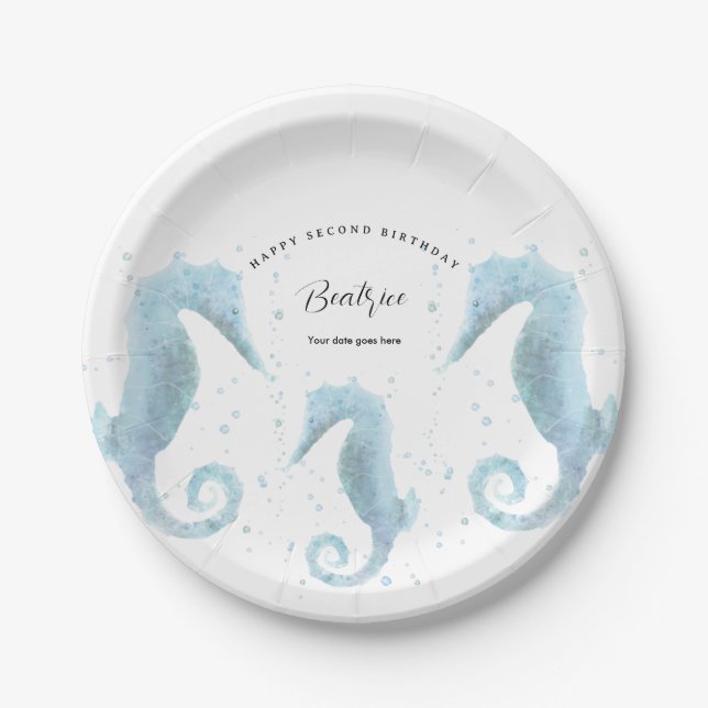 2nd Birthday Dusty Blue Seahorse  Paper Plate (Front)