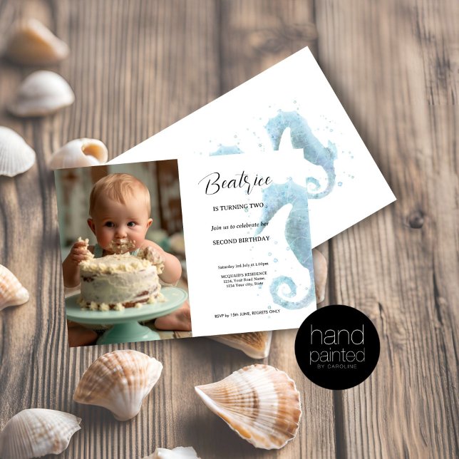 2nd Birthday  Dusty Blue Seahorse Photo  Invitation (2nd Birthday Invitation Watercolor Seahorse)
