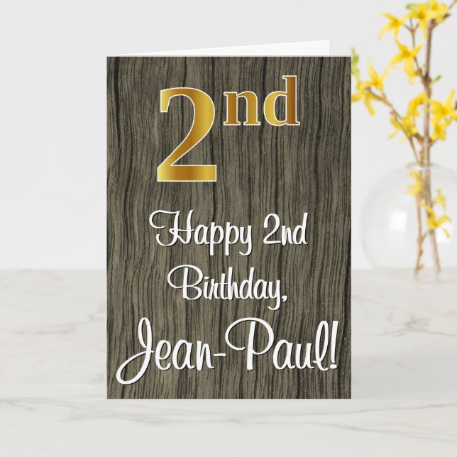 2nd Birthday: Elegant Faux Gold Look #, Faux Wood Card (Yellow Flower)