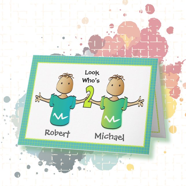 2nd Birthday Ethnic Boy Twins Cartoon Cute  Card (Creator Uploaded)