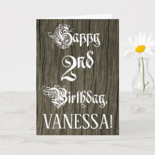 2nd Birthday: Fancy, Elegant Text; Faux Wood Look Card