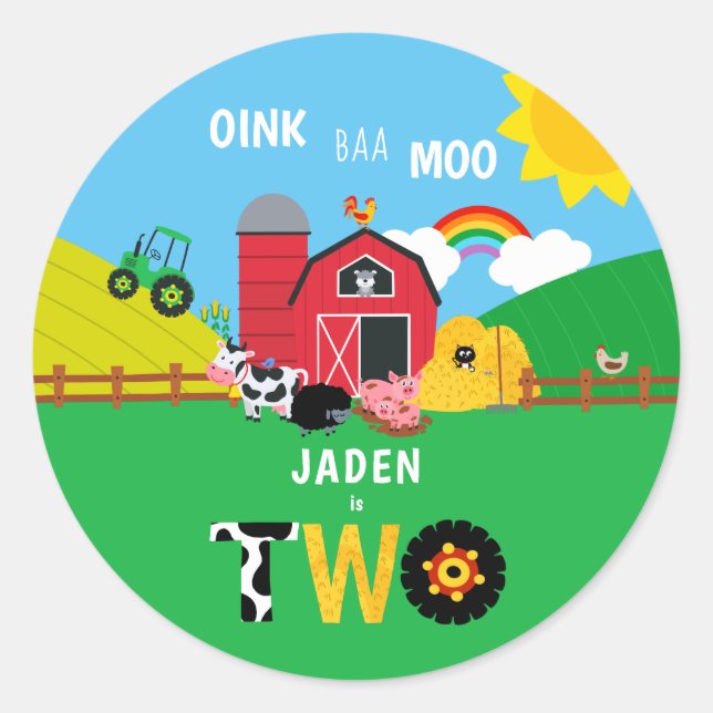 2nd Birthday Farm Barn Animals Oink Baa Moo Classic Round Sticker (Front)