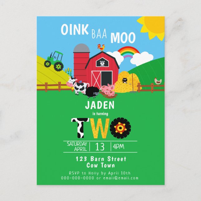 2nd Birthday Farm Barn Animals Oink Baa Moo Cute Invitation Postcard (Front)