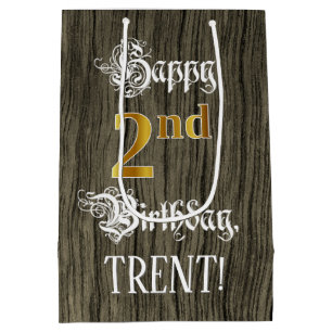 2nd Birthday: Faux Gold Look & Faux Wood Pattern Medium Gift Bag
