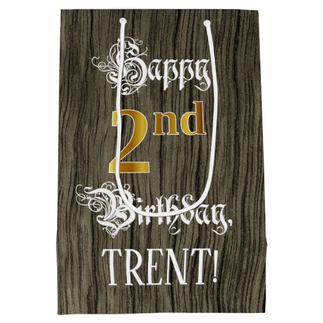 2nd Birthday: Faux Gold Look & Faux Wood Pattern Medium Gift Bag (Back)