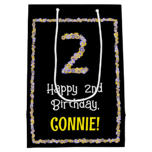 2nd Birthday: Floral Flowers Number, Custom Name Medium Gift Bag