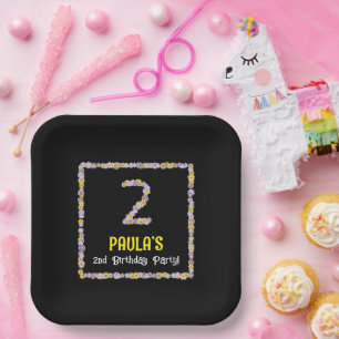 2nd Birthday: Floral Flowers Number, Custom Name Paper Plate