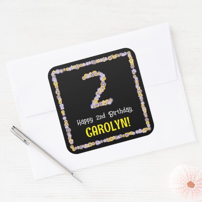 2nd Birthday: Floral Flowers Number, Custom Name Square Sticker (Envelope)