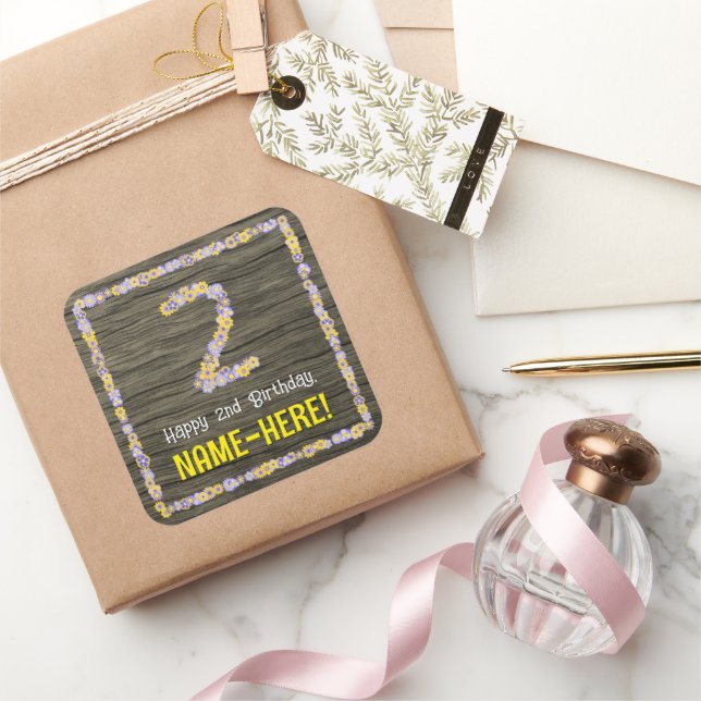 2nd Birthday: Floral Number, Faux Wood Look, Name Square Sticker (Gifting)