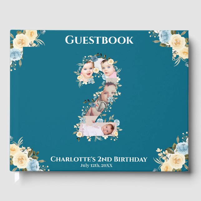 2nd Birthday Flower Teal Photo Collage Blue Yellow Guest Book (Front)