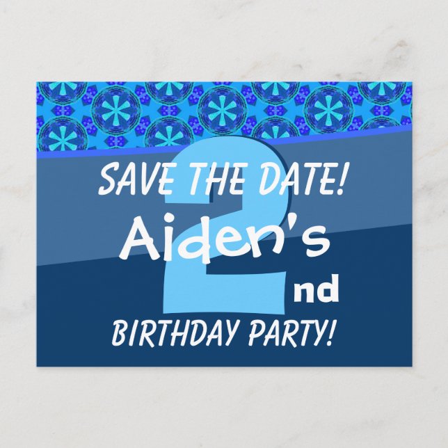 2nd Birthday for Boy Save the Date Blue V07A Announcement Postcard (Front)