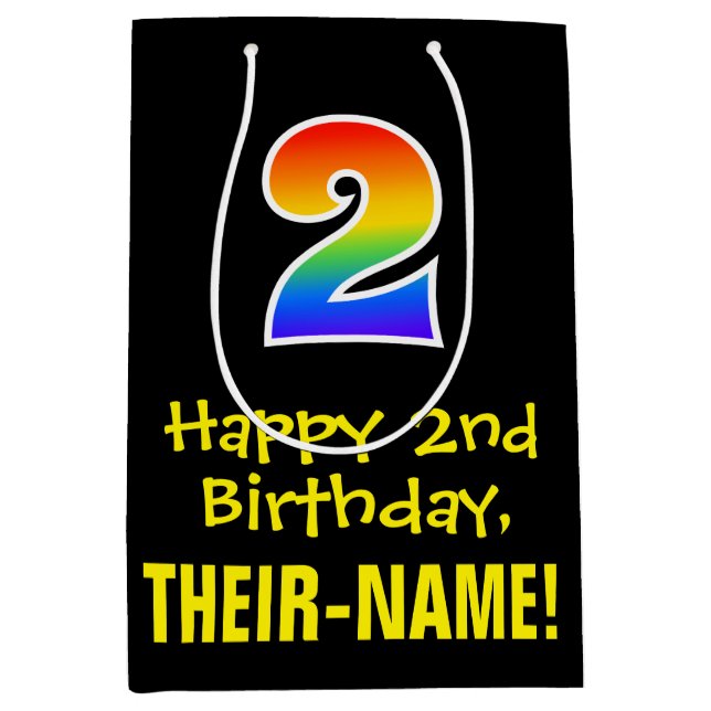 2nd Birthday: Fun, Bold, Colourful, Rainbow "2" Medium Gift Bag (Front)
